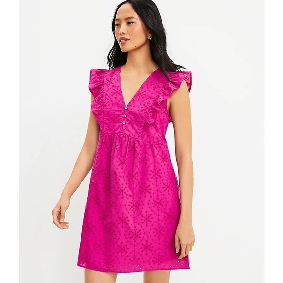 NWT LOFT Lined Petite Eyelet Button Ruffle Swing Dress in Fuchsia - Picture 2 of 12